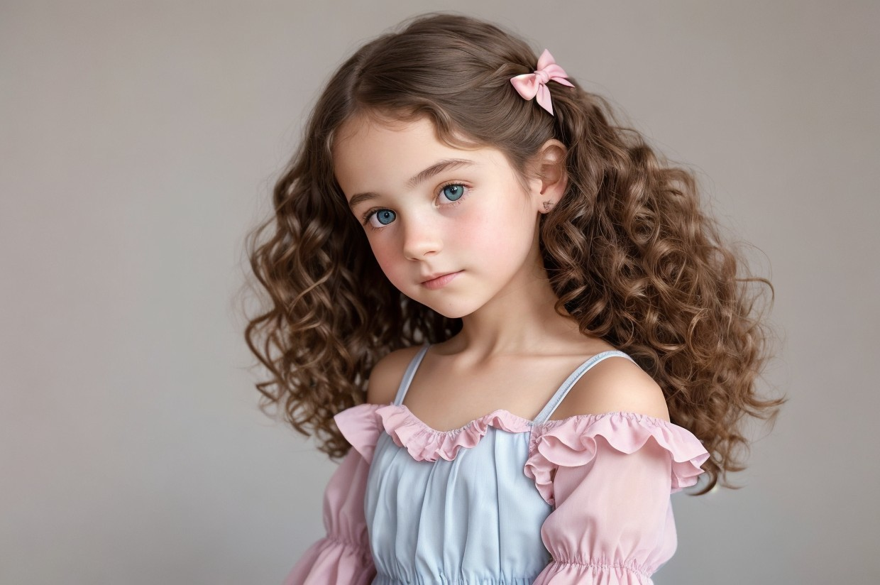 Young girl in pastel dress with pink bow and blue eyes