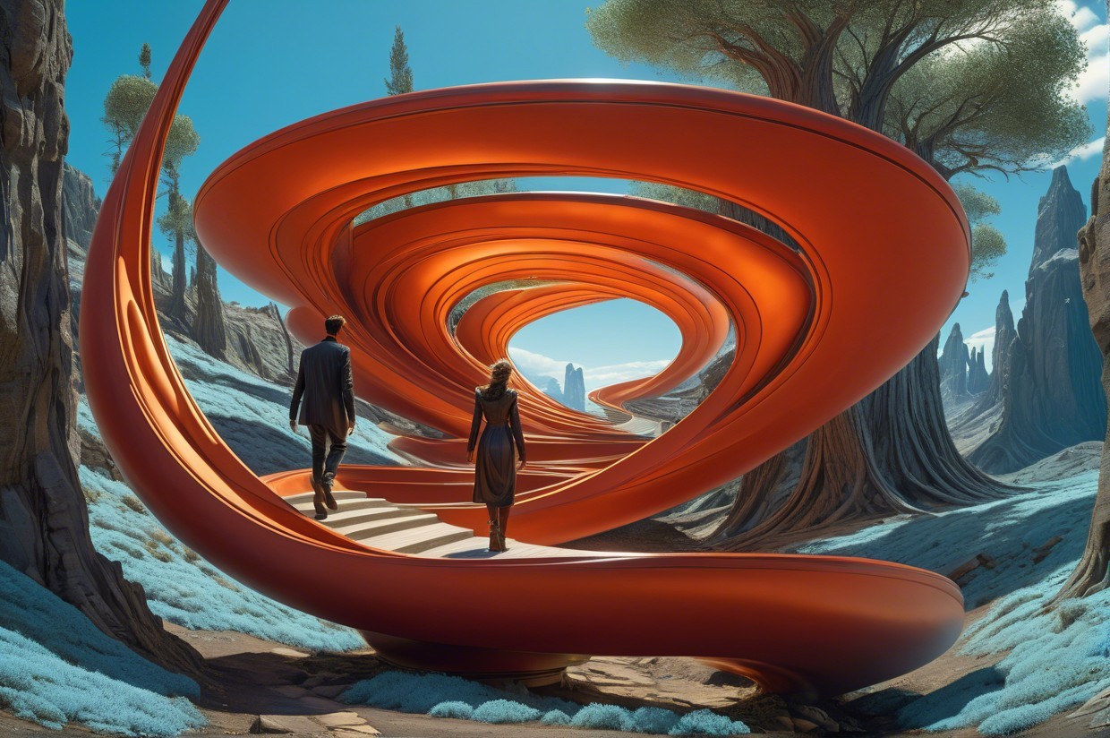 Surreal Landscape with Futuristic Pathway and Figures
