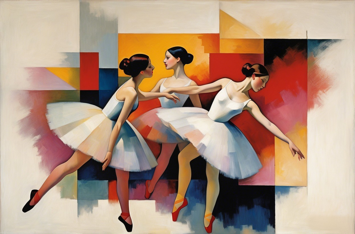 Three Ballerinas in White Tutus Against Geometric Background