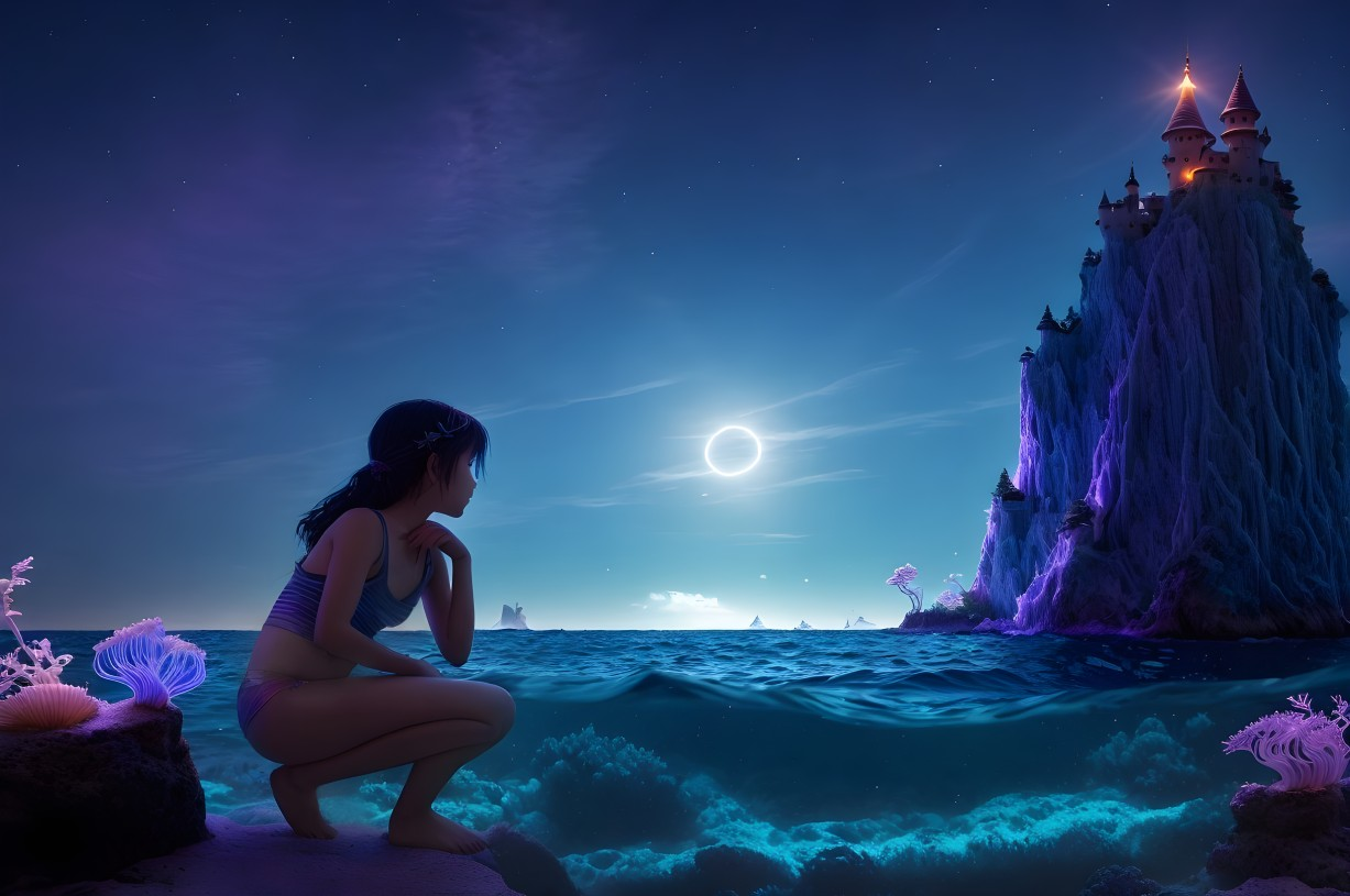 Young Girl by Twilight Shore with Castle and Sea Creatures