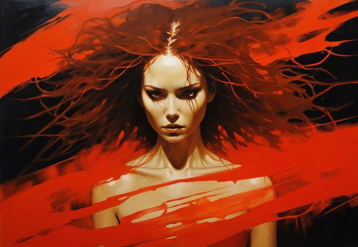 Portrait of a woman with red hair and dynamic colors