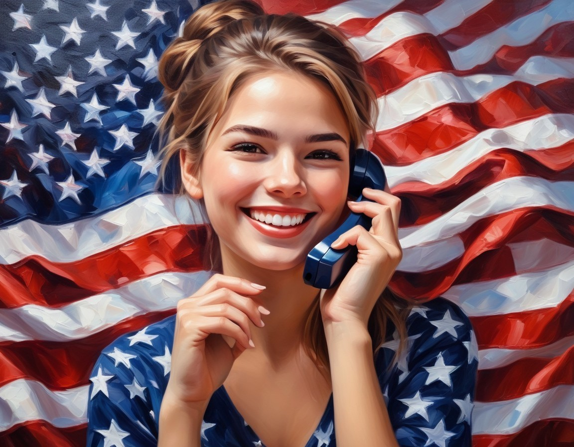 Joyful Woman with Vintage Telephone and American Flag