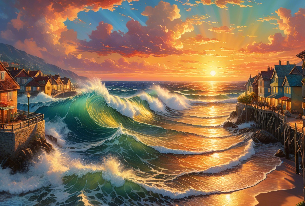 Vibrant Sunset Over Coastal Landscape with Charming Houses