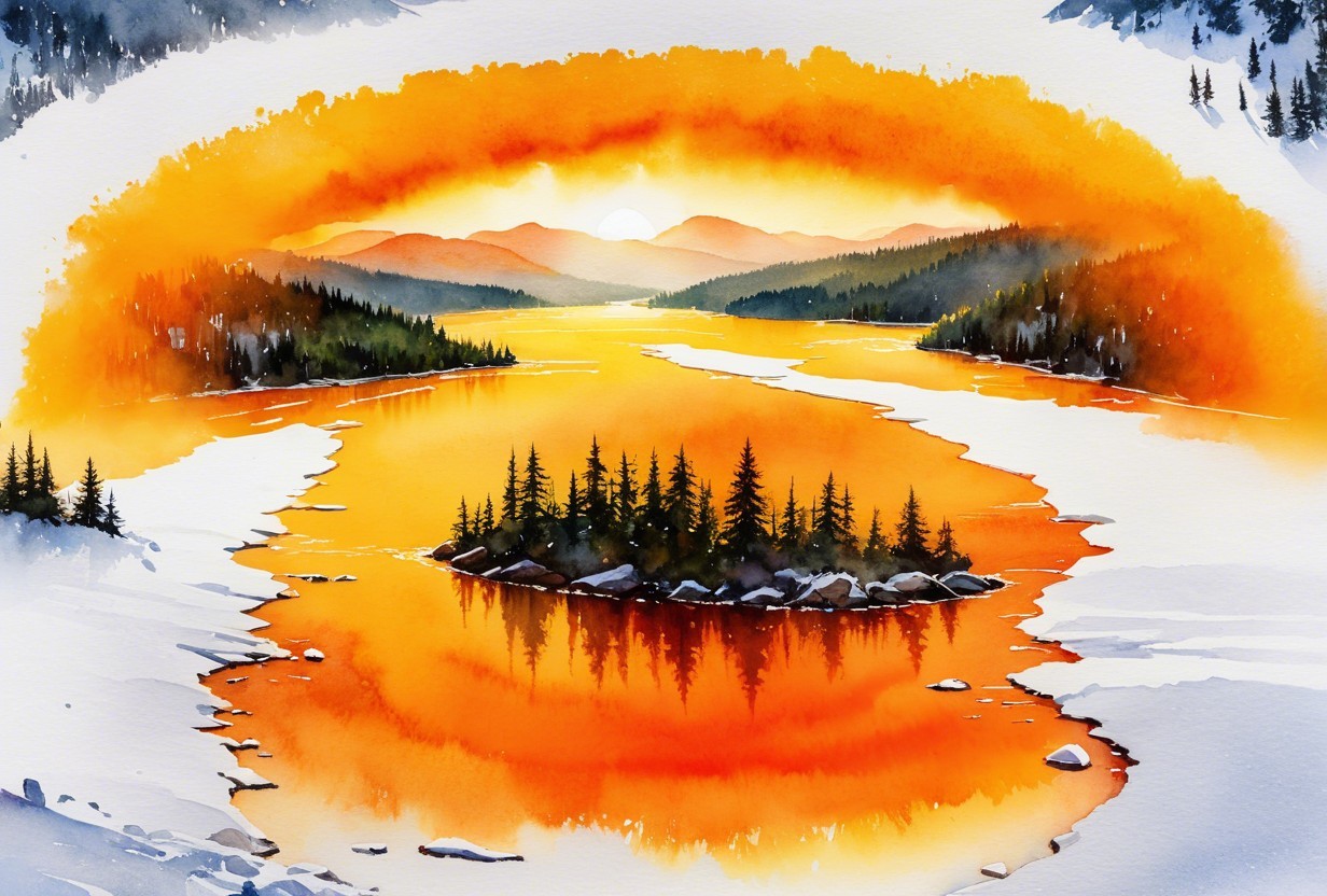 Serene Lake Landscape with Snowy Hills and Sunset