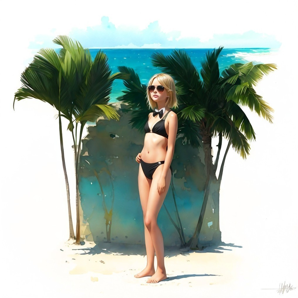 Person in black bikini on sandy beach with palm trees, blue sea, and sky