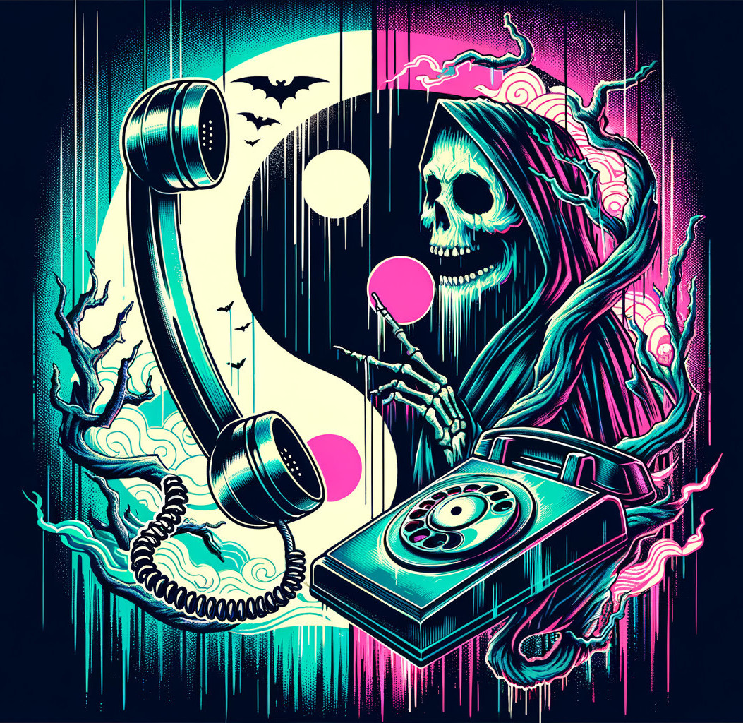 Colorful Skeleton Artwork with Balloon and Phone Receiver on Starry Background
