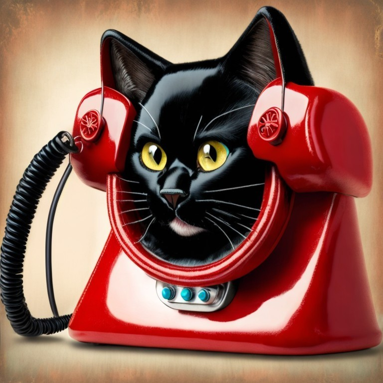 Black Cat with Yellow Eyes and Vintage Telephone Illustration