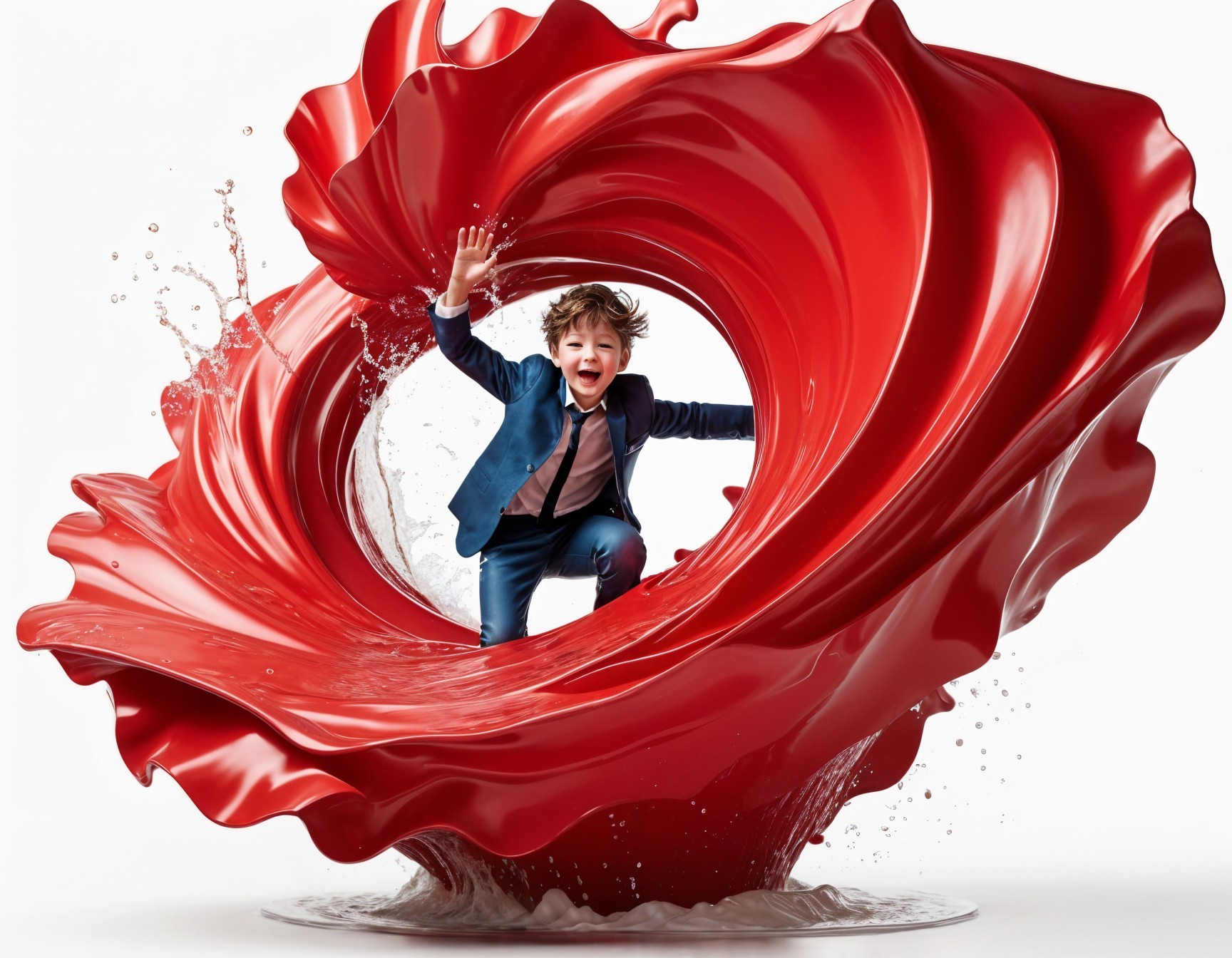 Joyful Boy in Suit Leaping Through Red Splash