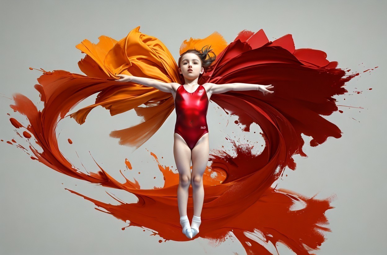 Young gymnast in red leotard amidst red and orange paint splashes