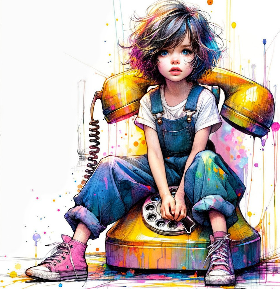Young girl on yellow phone with paint splatters