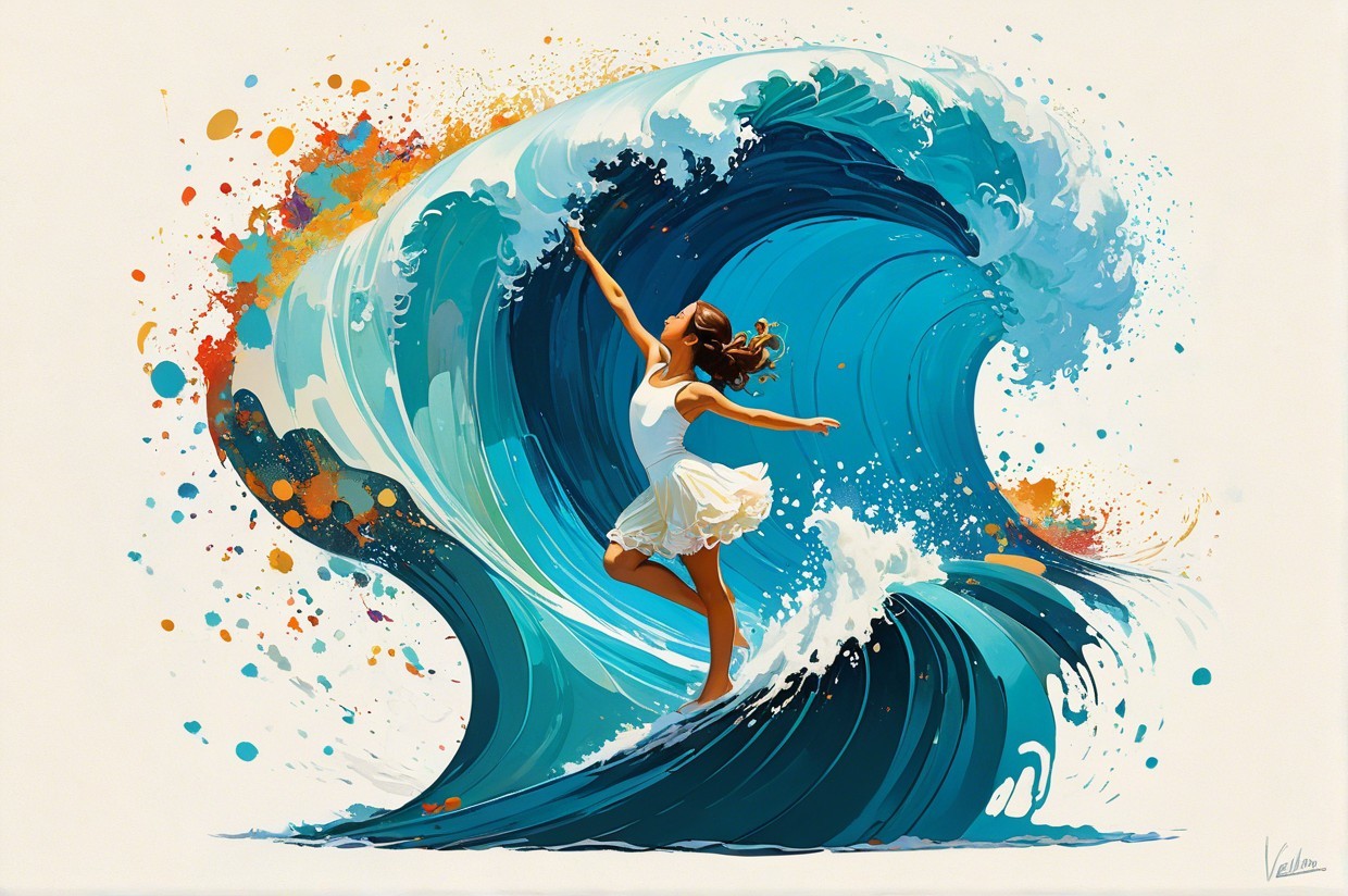 Young girl in white dress balancing on vibrant wave