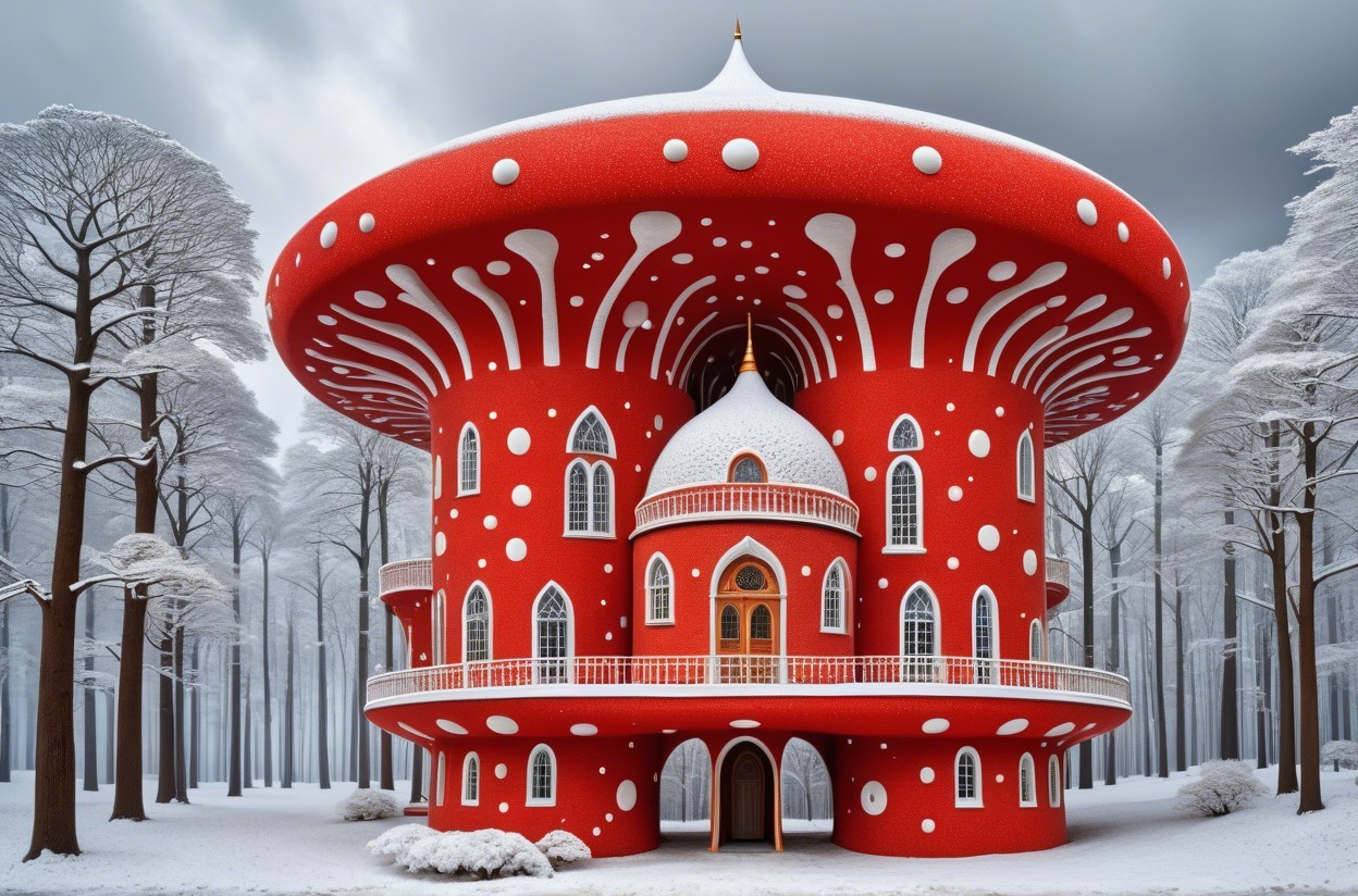 Whimsical Mushroom House in a Snowy Forest Setting