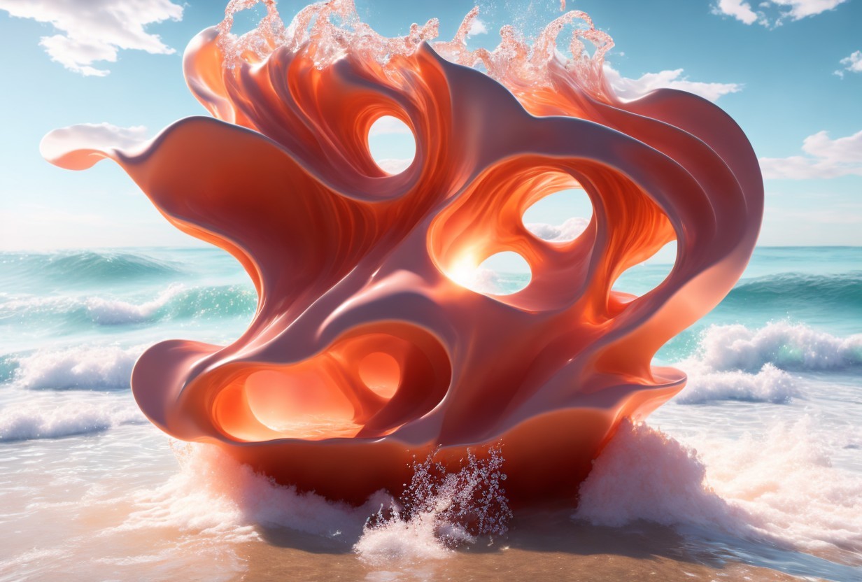 Abstract Sculpture Surrounded by Ocean Waves