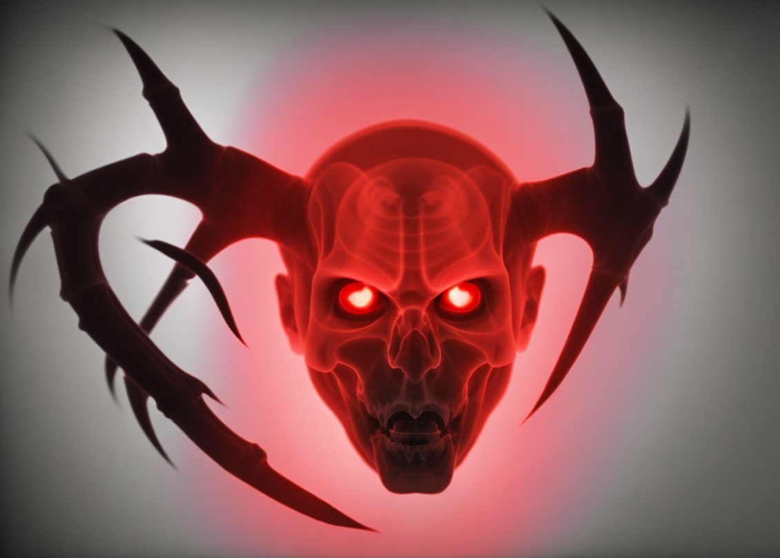 Menacing skull with glowing red eyes and sharp horns