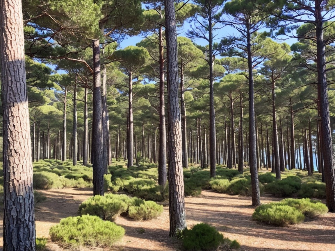 Serene Forest Landscape with Tall Pine Trees and Foliage
