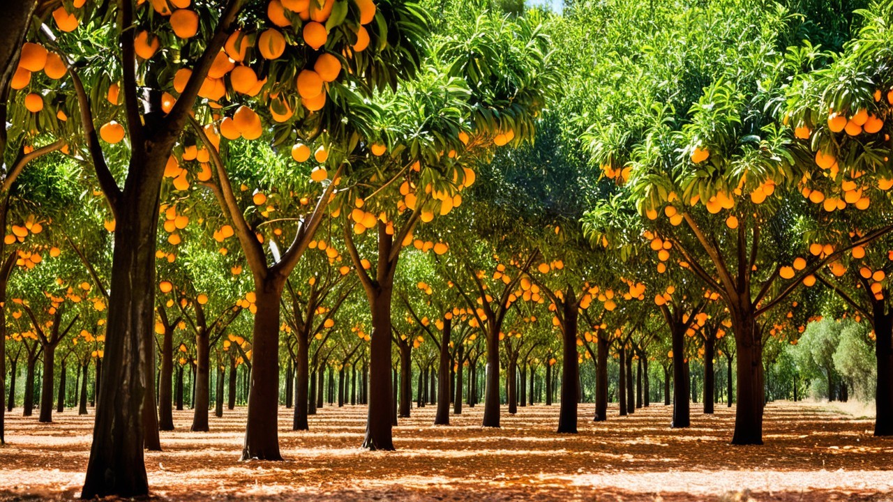 Vibrant Orange Grove with Lush Green Trees and Fruit