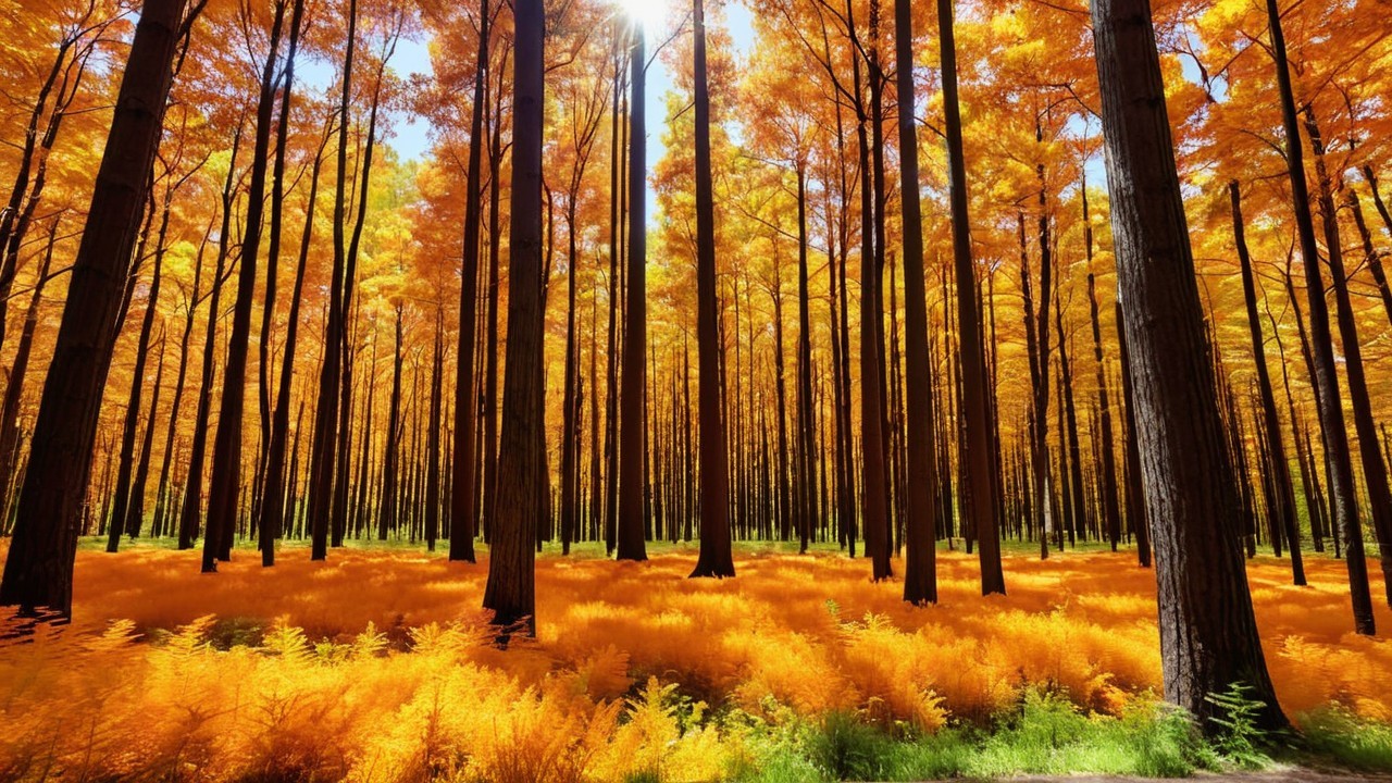 Majestic Forest with Vibrant Orange Foliage and Ferns