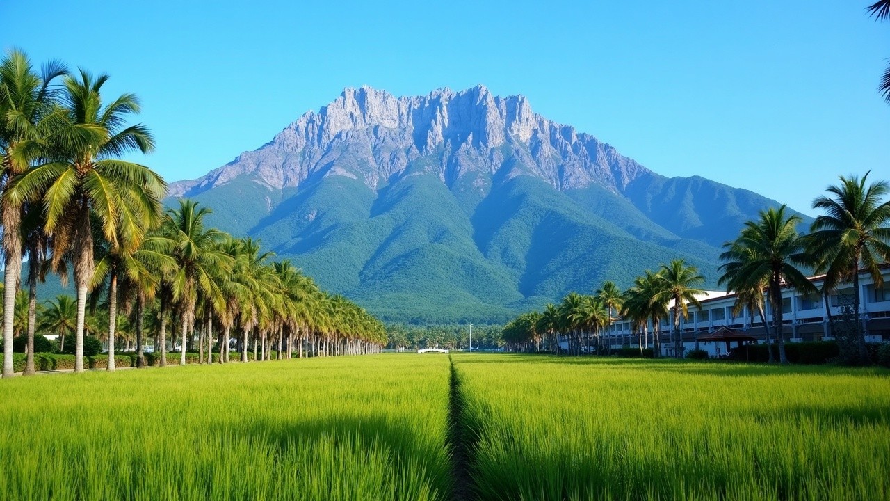 Lush Rice Fields with Majestic Mountain Backdrop
