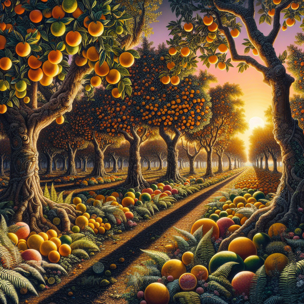 Vibrant Orchard at Sunset with Lush Orange Trees