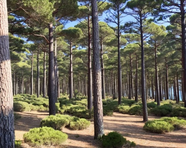 Serene Forest Landscape with Tall Pine Trees and Foliage