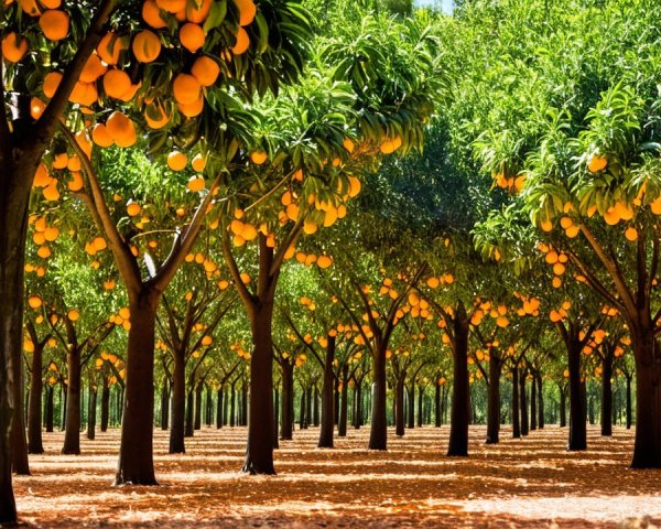 Vibrant Orange Grove with Lush Green Trees and Fruit