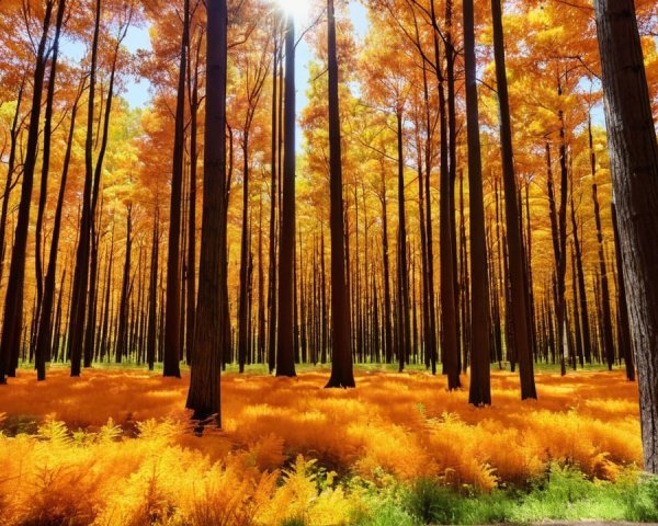 Majestic Forest with Vibrant Orange Foliage and Ferns
