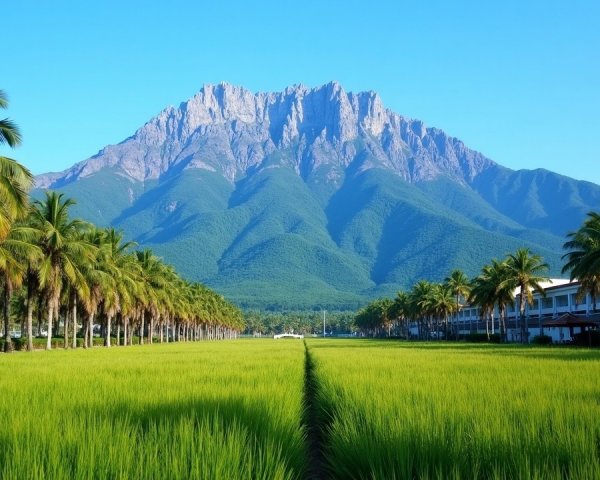 Lush Rice Fields with Majestic Mountain Backdrop