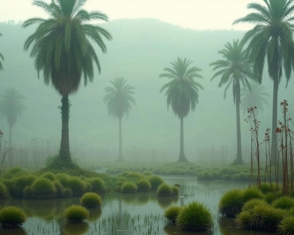 Serene Misty Landscape with Palm Trees and Water