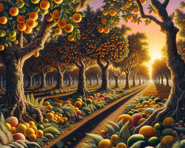 Vibrant Orchard at Sunset with Lush Orange Trees