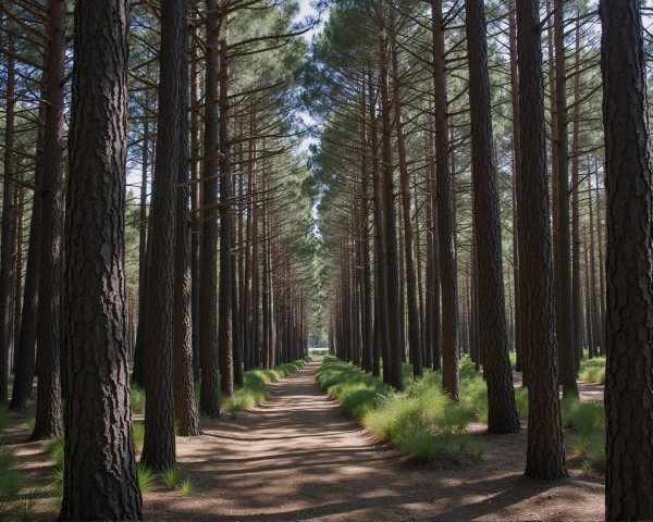 Serene Forest Pathway with Tall Pine Trees