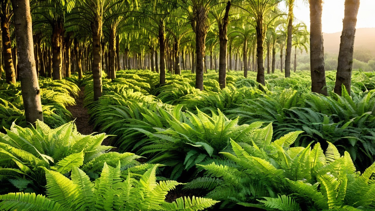 Lush Landscape with Palm Trees and Vibrant Ferns