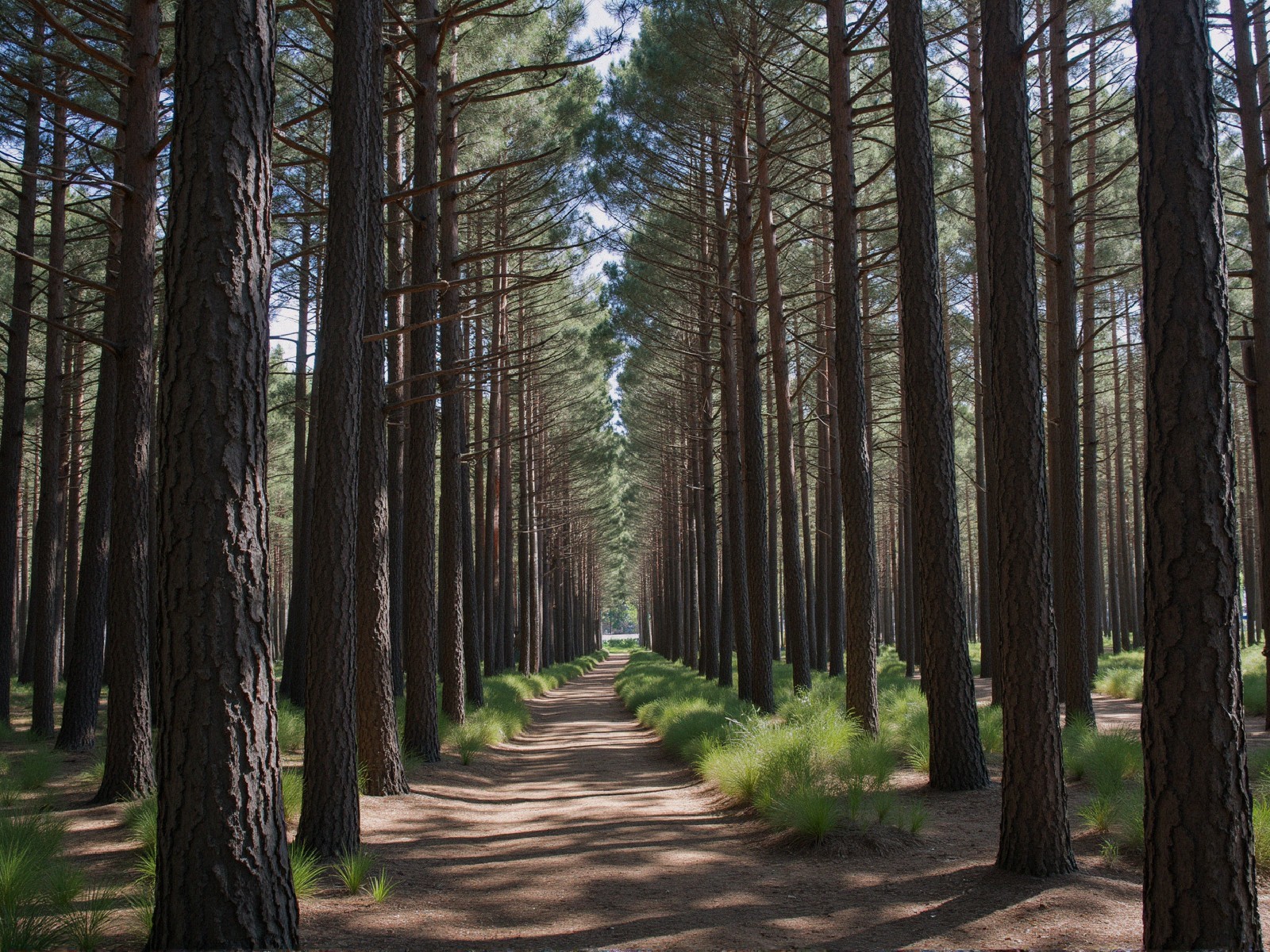 Serene Forest Pathway with Tall Pine Trees