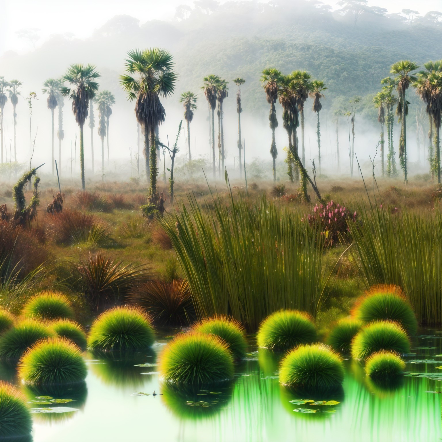 Misty Wetland Landscape with Lush Greenery and Palm Trees