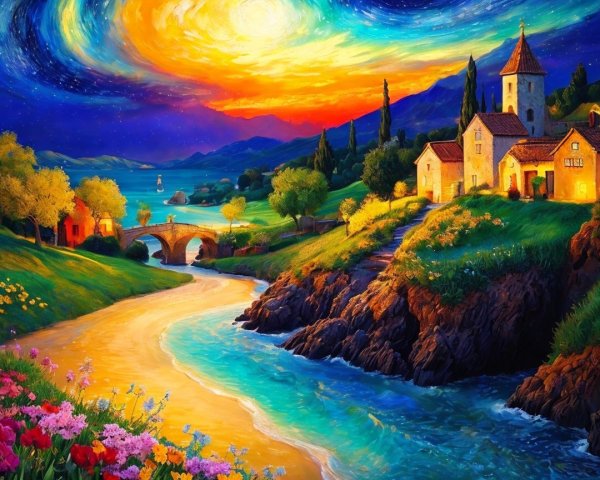 Vibrant Sunset Landscape with River and Mountains