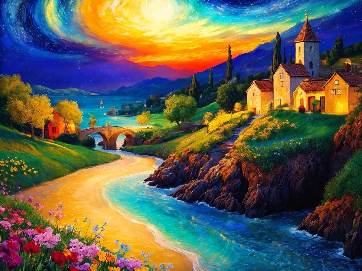 Vibrant Sunset Landscape with River and Mountains