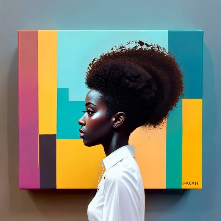 Vibrant painting of woman with afro against geometric background