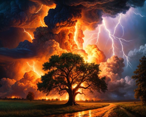 Dramatic Landscape with Silhouetted Tree and Lightning
