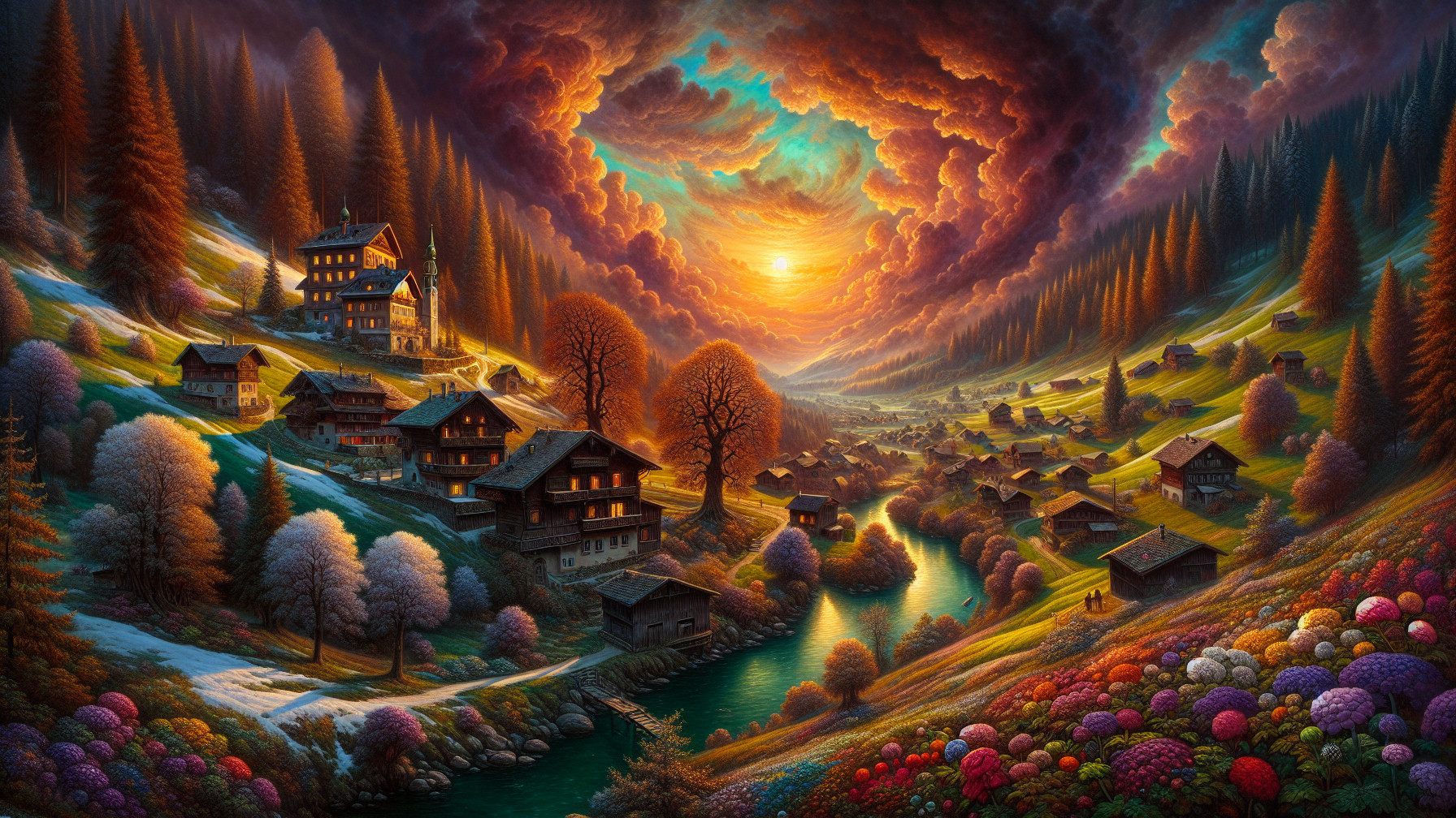 Picturesque Valley at Sunset with Cottages and River