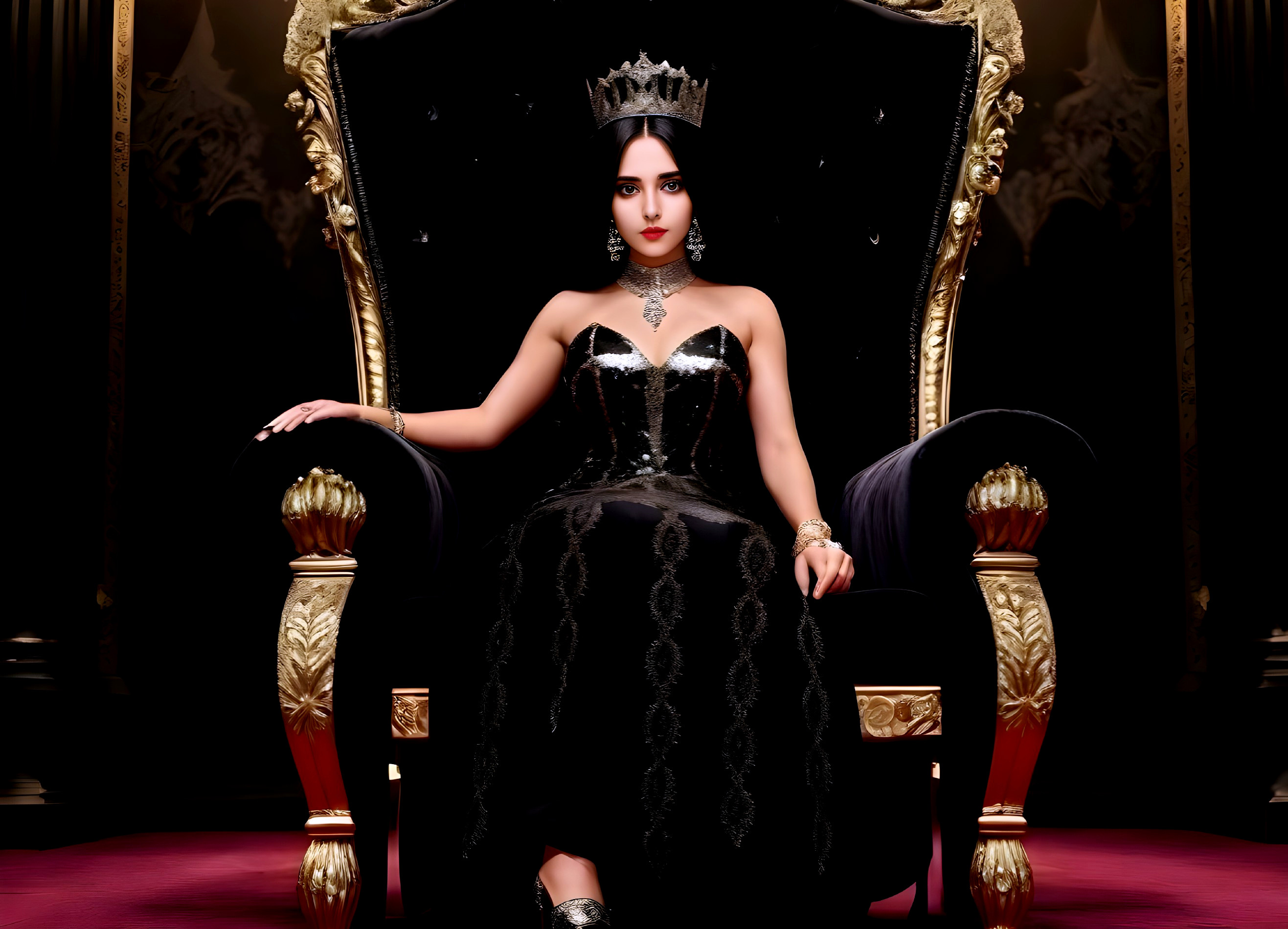 Regal woman in black gown on throne with crown exudes elegance and authority