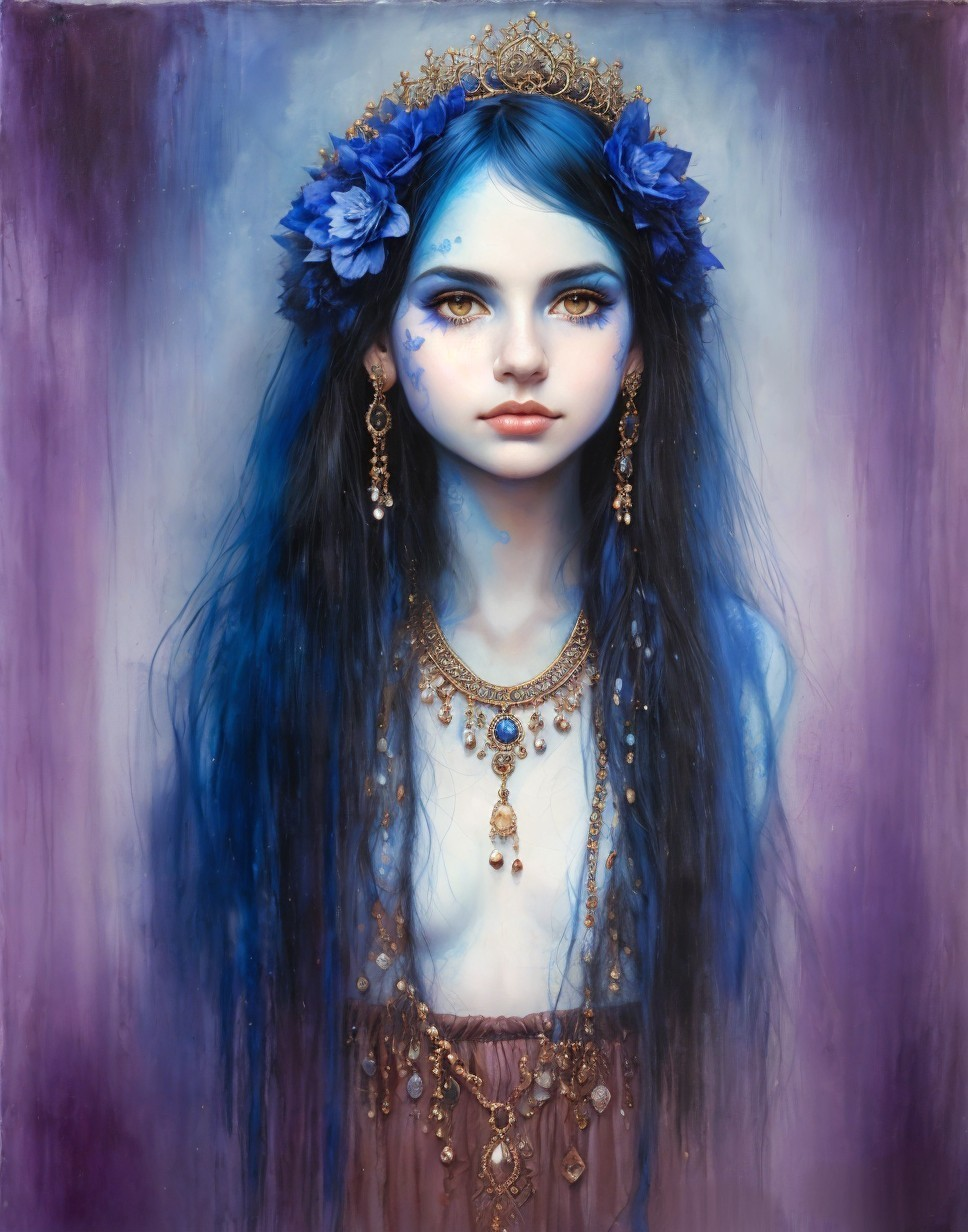 Fantasy female character with blue hair and floral crown in dreamy portrait.