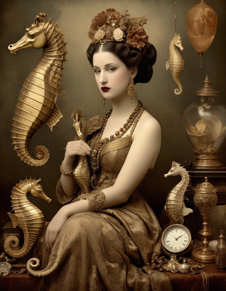 Elegant Woman in Gold Dress Surrounded by Seahorses