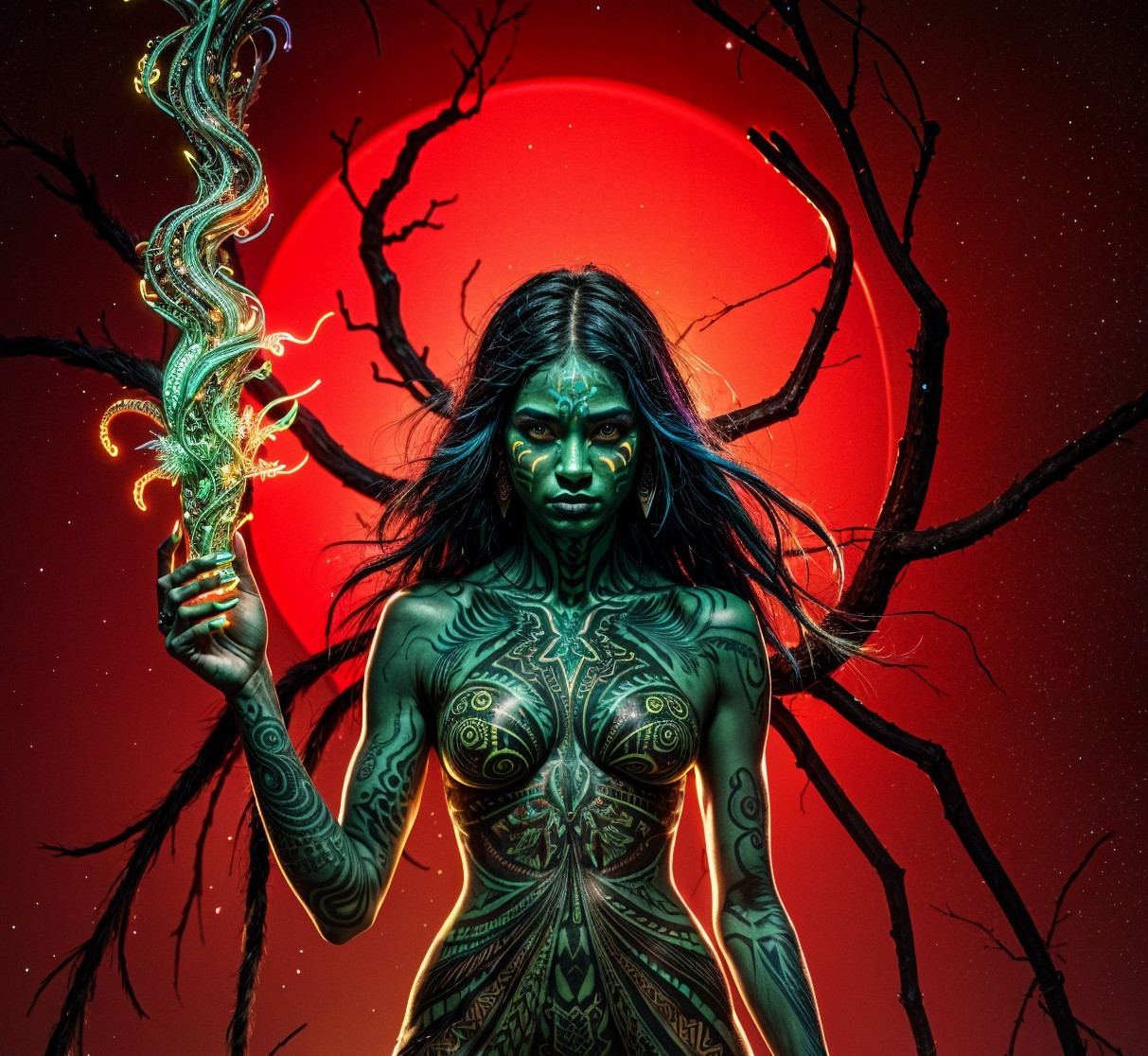 Mystical Figure with Green Tattoos at Red Sunset
