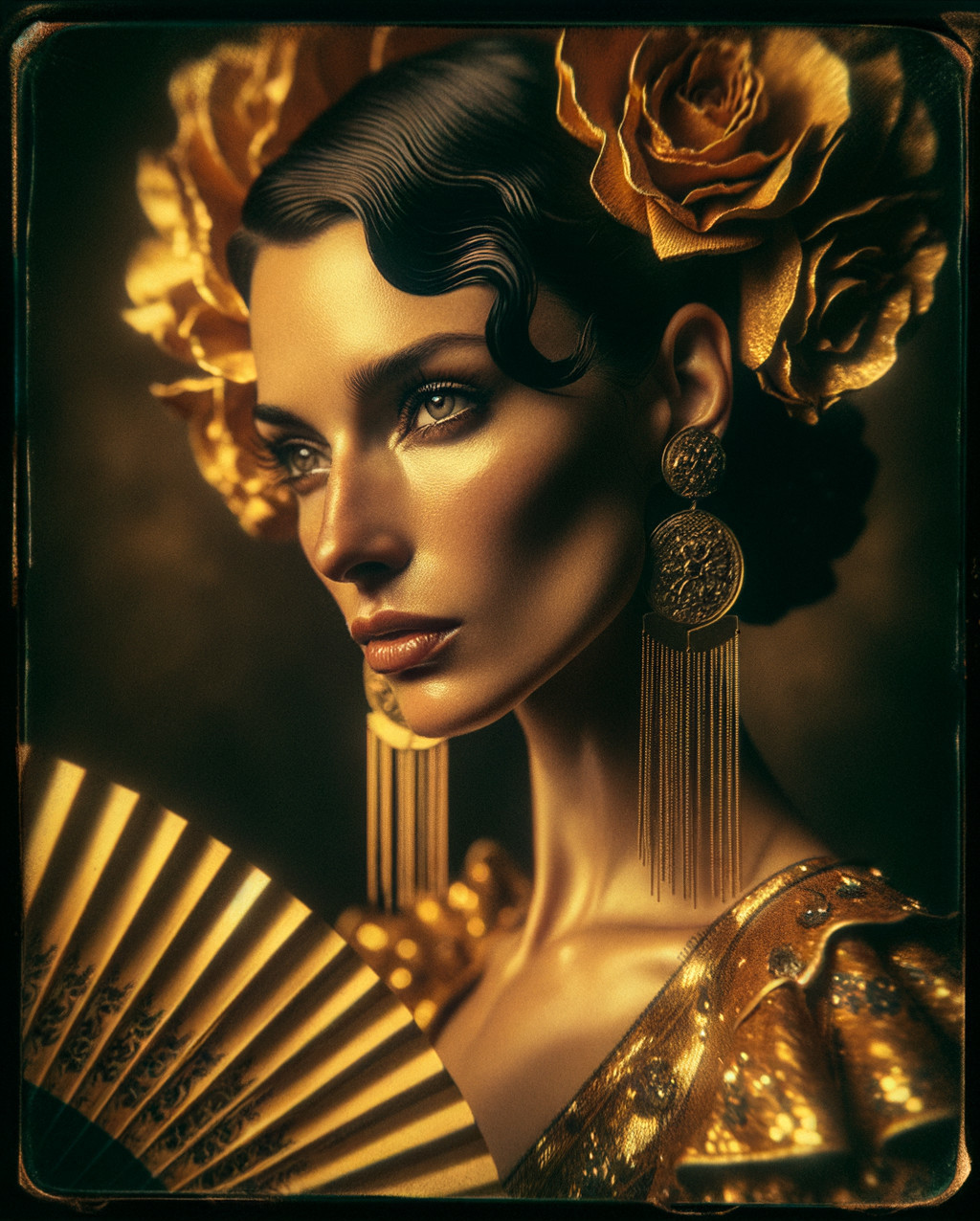 Portrait of a Woman with Roses and Golden Attire