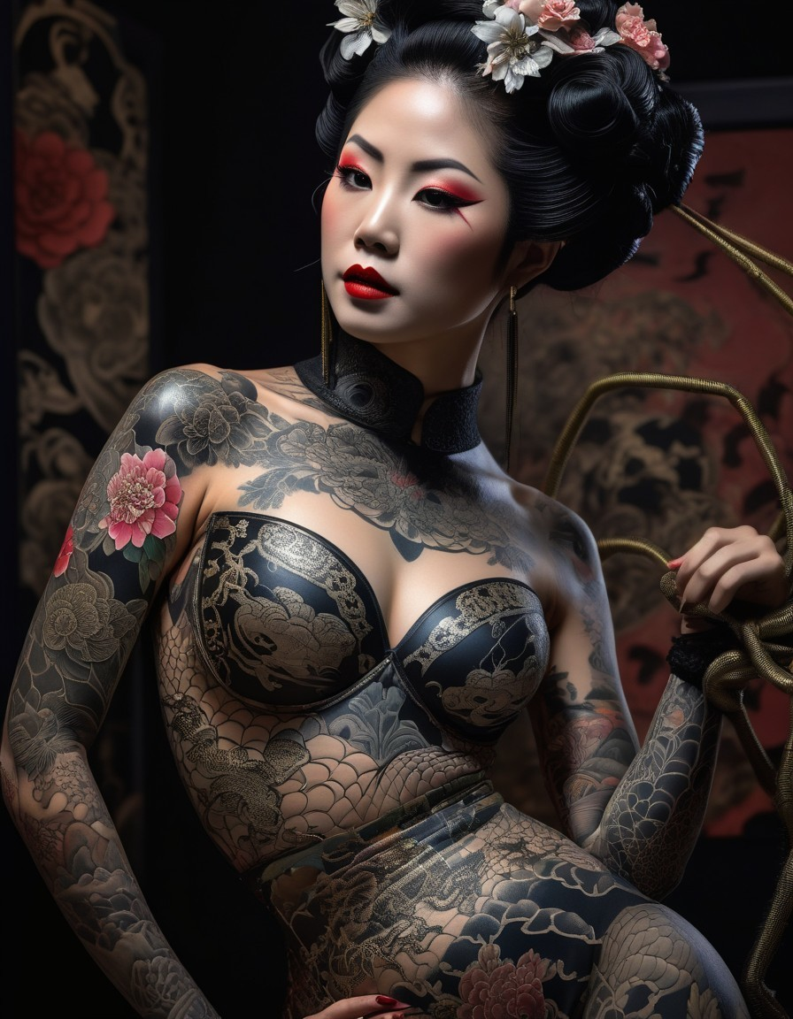 Traditional Asian makeup and elaborate tattoos on a woman in a sultry pose.