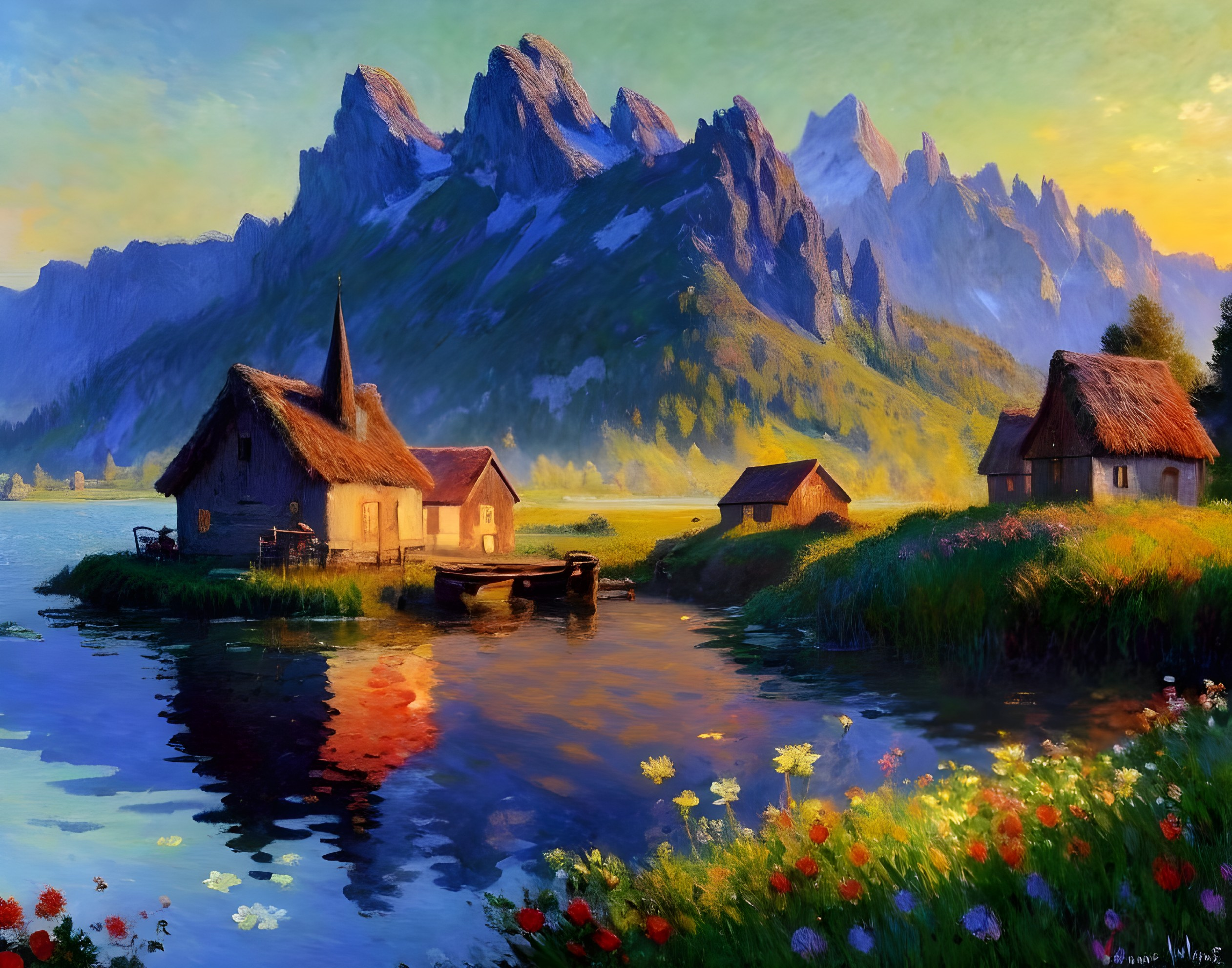 Quaint Cottages by a Tranquil Lake at Sunset