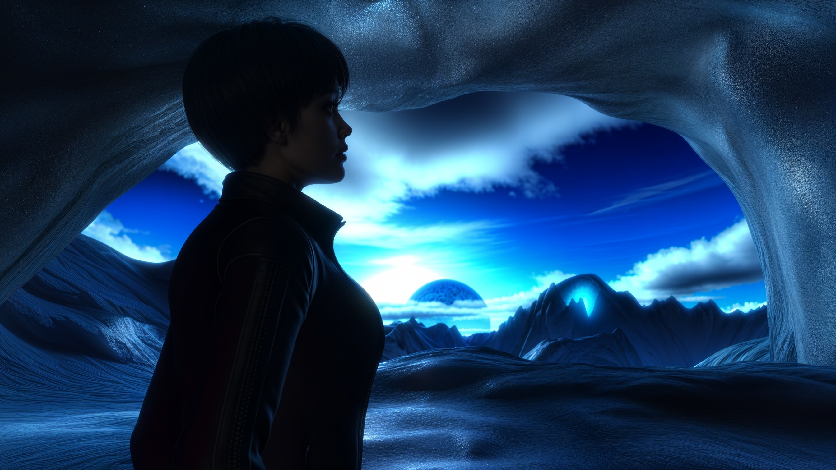 Silhouetted Figure at Cave Entrance in Blue Landscape