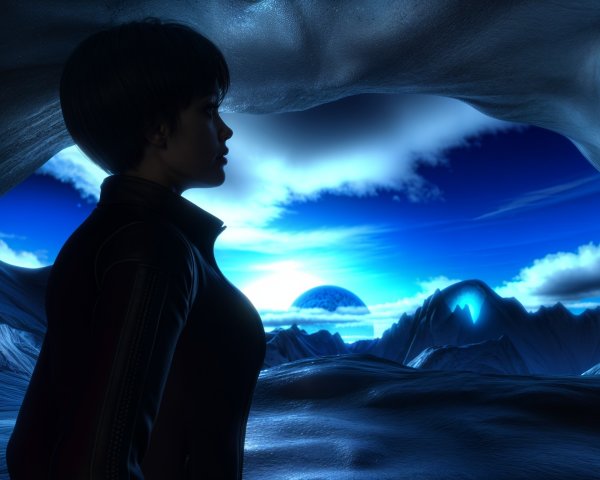 Silhouetted Figure at Cave Entrance in Blue Landscape