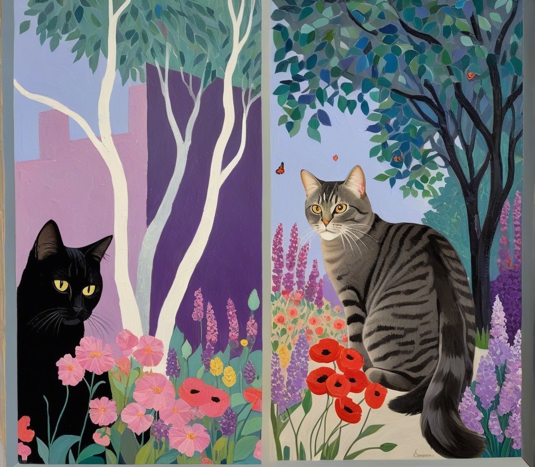 Colorful Garden Scene with Two Cats and Flowers