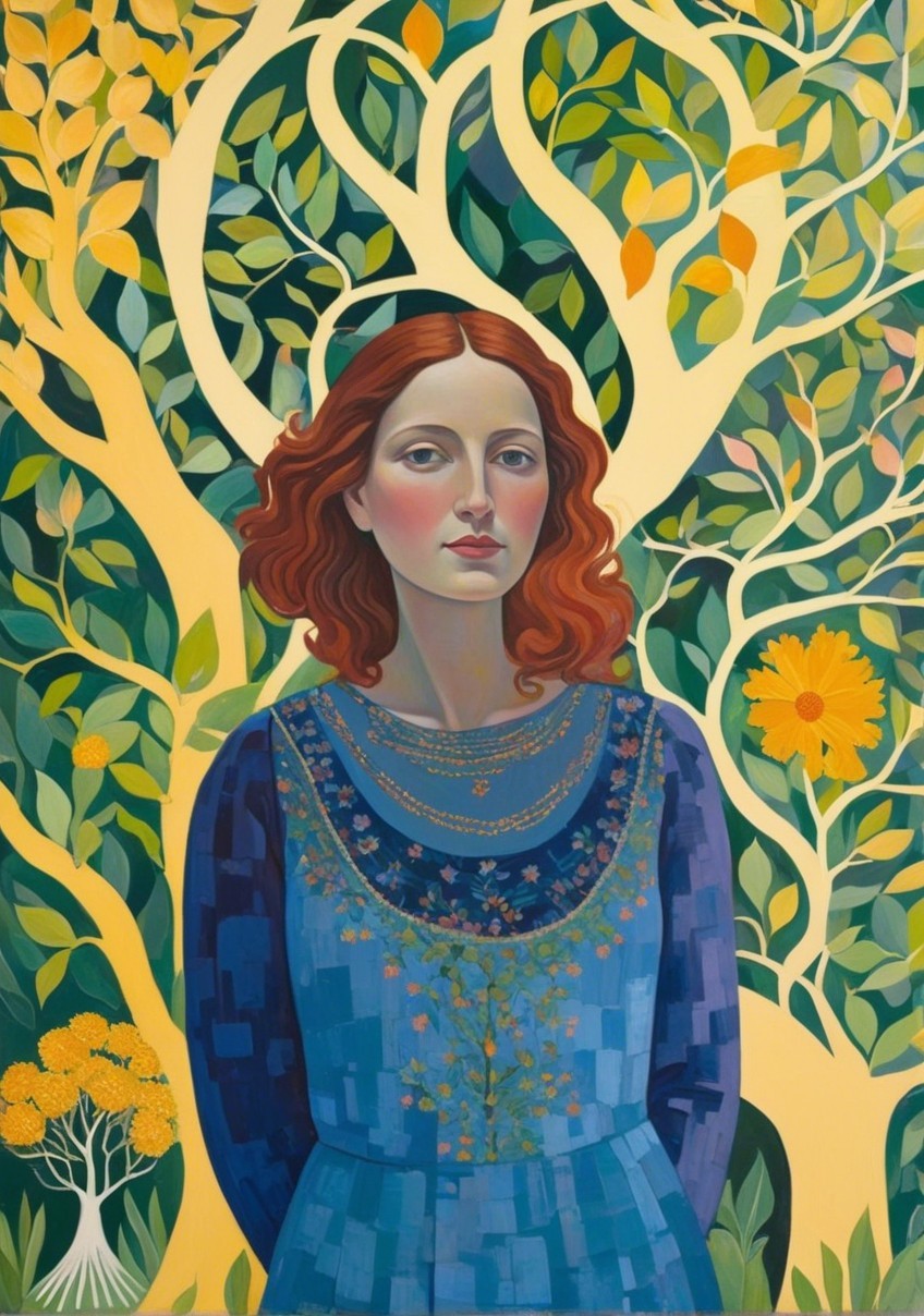 Young Woman in Floral Blue Garment Amidst Nature