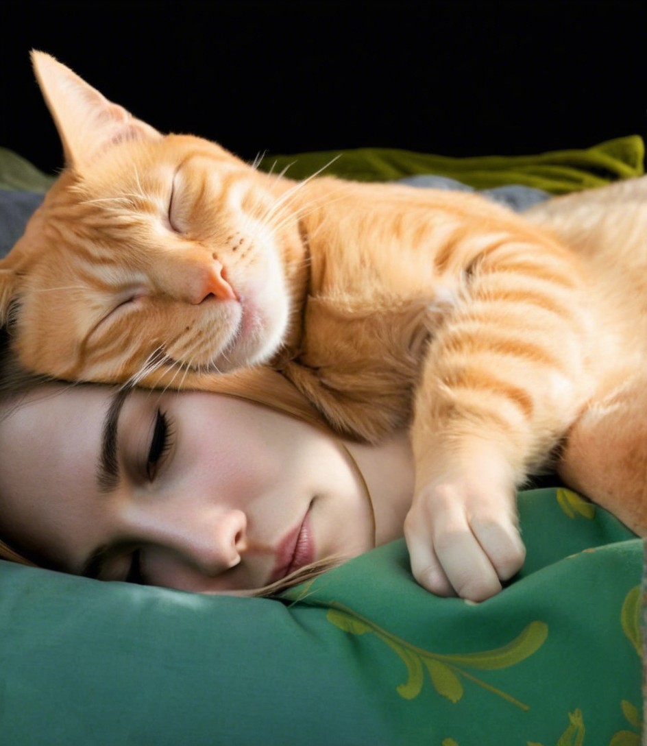 Young Woman Sleeping with Tabby Cat on Cozy Bedding